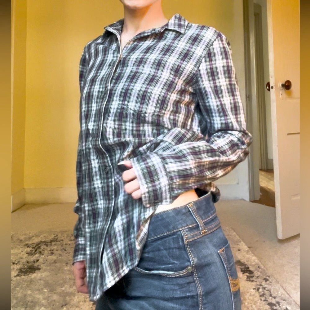 Madewell Green White Red Plaid Button-Up Shirt Flannel Coverup Light Soft Cute - Picture 4 of 16